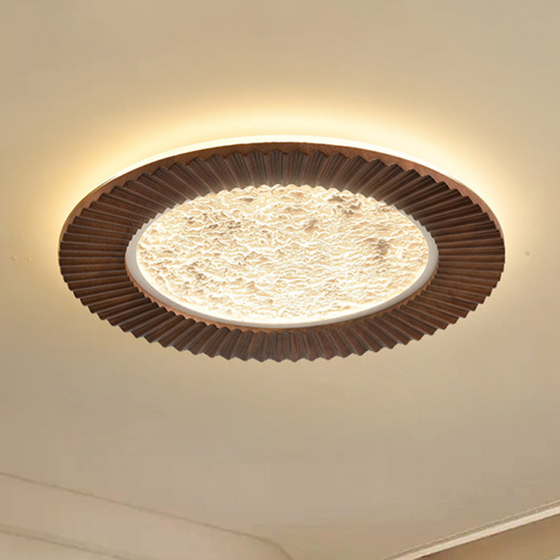 Traditional Vintage Round Oak Iron Acrylic LED Flush Mount Ceiling Light For Bedroom