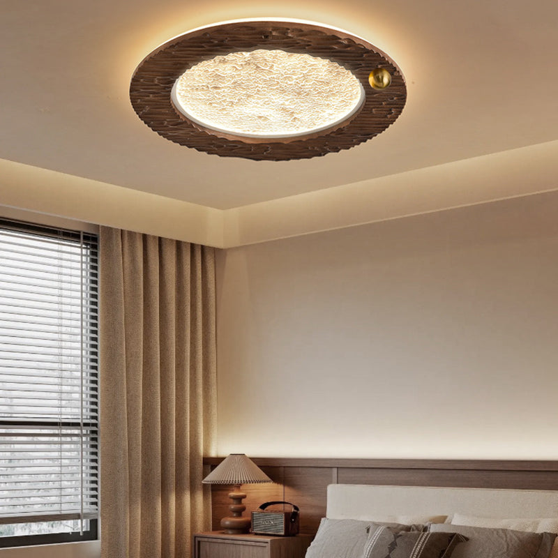 Traditional Vintage Round Oak Iron Acrylic LED Flush Mount Ceiling Light For Bedroom