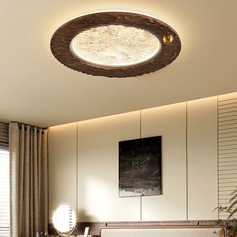 Traditional Vintage Round Oak Iron Acrylic LED Flush Mount Ceiling Light For Bedroom