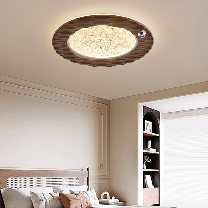 Traditional Vintage Round Oak Iron Acrylic LED Flush Mount Ceiling Light For Bedroom