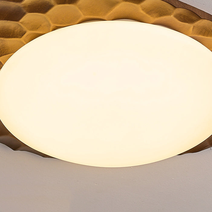 Traditional Vintage Irregular Shape Honeycomb Flower Pattern Oak Iron PVC LED Flush Mount Ceiling Light For Bedroom