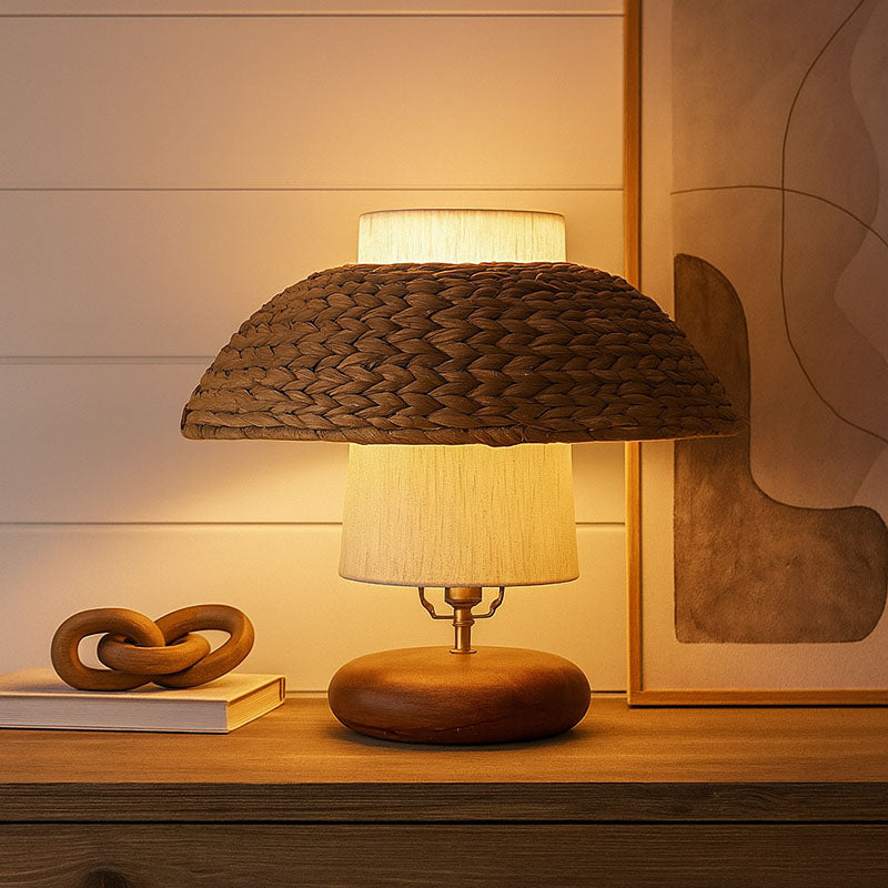 Traditional Vintage Round Solid Wood Fabric Rattan Weaving 1-Light Table Lamp For Bedroom