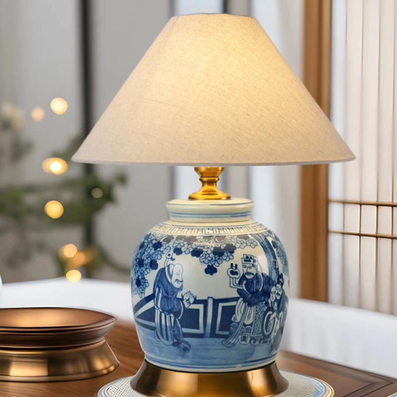Traditional Chinese Vase-shaped Ceramic Hardware Fabric 1-Light Table Lamp For Bedroom