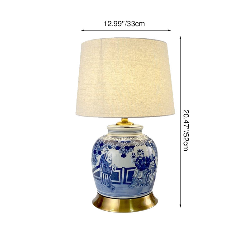 Traditional Chinese Vase-shaped Ceramic Hardware Fabric 1-Light Table Lamp For Bedroom