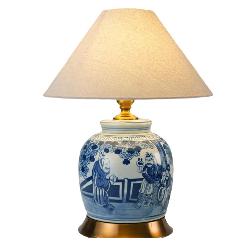 Traditional Chinese Vase-shaped Ceramic Hardware Fabric 1-Light Table Lamp For Bedroom