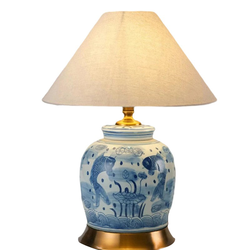 Traditional Chinese Vase-shaped Ceramic Hardware Fabric 1-Light Table Lamp For Bedroom