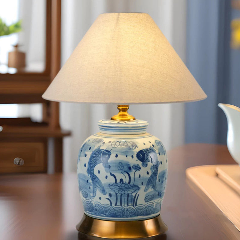 Traditional Chinese Vase-shaped Ceramic Hardware Fabric 1-Light Table Lamp For Bedroom