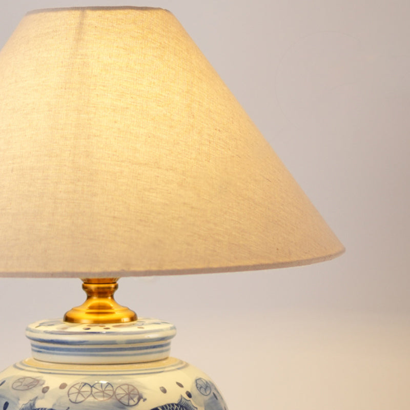 Traditional Chinese Vase-shaped Ceramic Hardware Fabric 1-Light Table Lamp For Bedroom