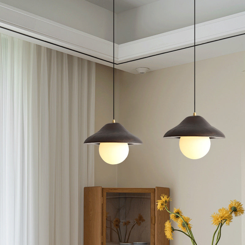 Contemporary Nordic Bowl-Shaped Ash Wood Glass 1-Light Pendant Light For Dining Room