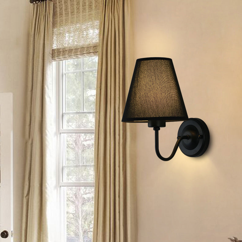 Traditional Vintage Dome Conical Iron Fabric 1-Light Wall Sconce Lamp For Bedroom