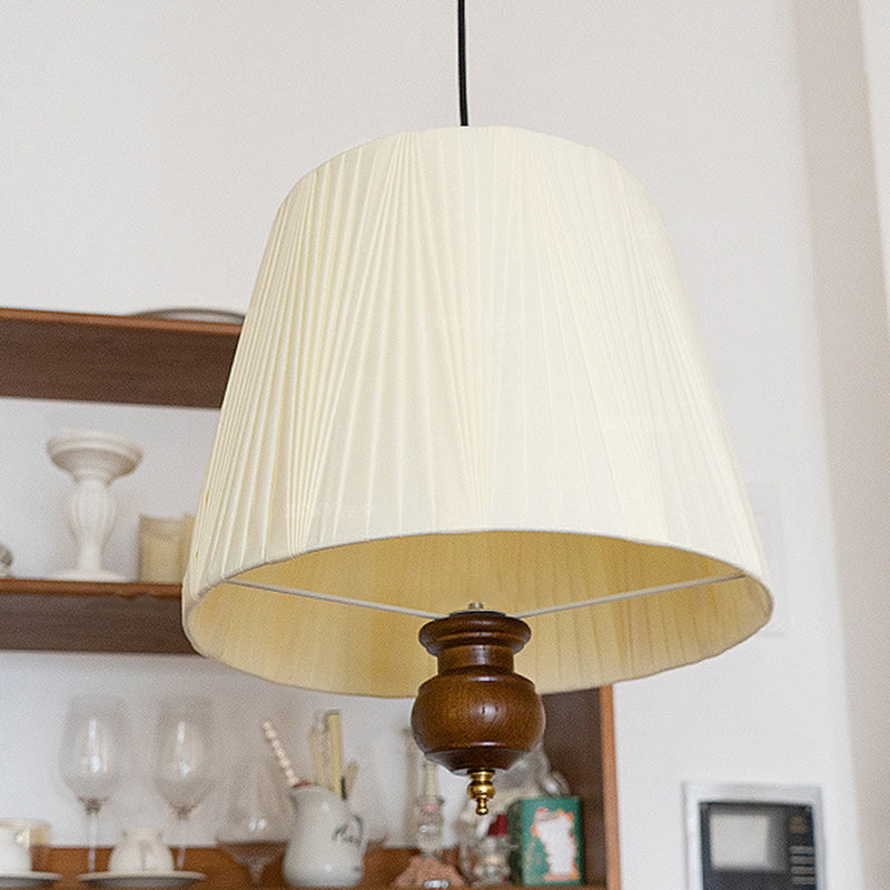 Traditional Vintage Cylindrical Solid Wood Iron Fabric 1-Light Pendant Light For Bedroom