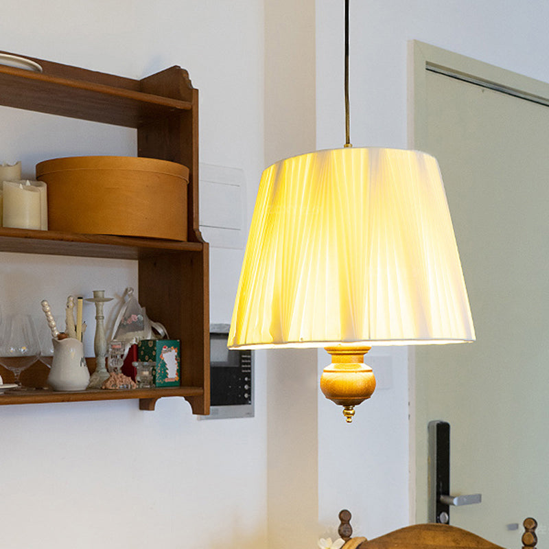 Traditional Vintage Cylindrical Solid Wood Iron Fabric 1-Light Pendant Light For Bedroom