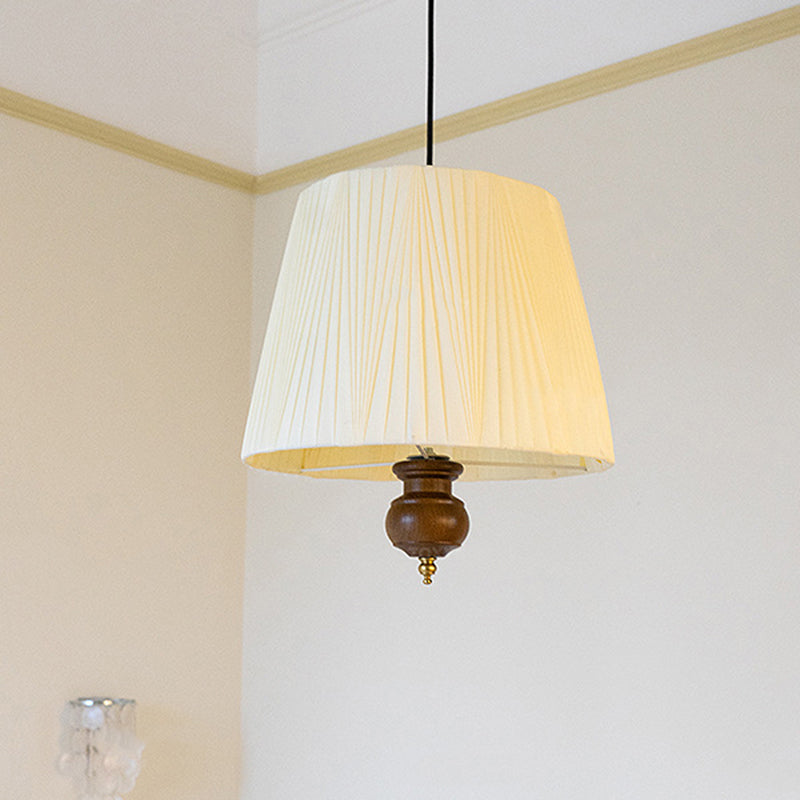 Traditional Vintage Cylindrical Solid Wood Iron Fabric 1-Light Pendant Light For Bedroom