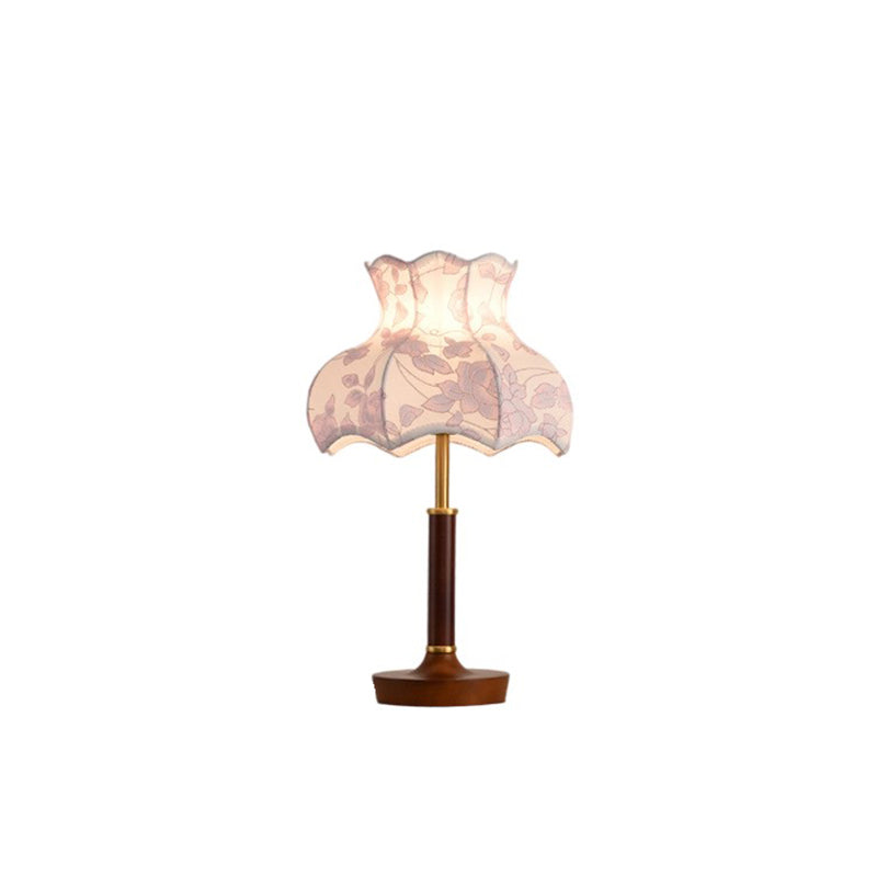 Traditional Vintage Flower-shaped Metal Wood Fabric 1-Light Table Lamp For Bedroom