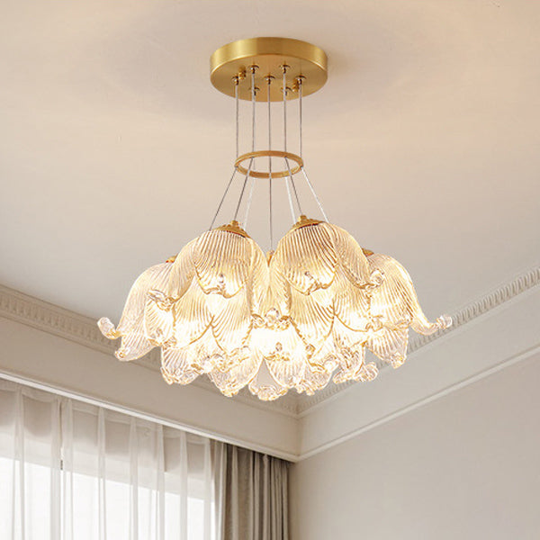 Traditional Luxury Multi-Flower Brass Glass 7-Light Chandelier For Bedroom