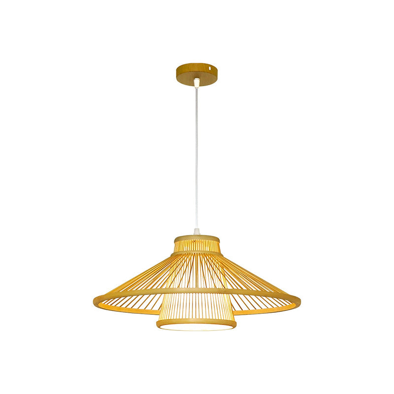 Traditional Japanese Conical Cylindrical Iron Bamboo Weaving 1-Light Pendant Light For Dining Room