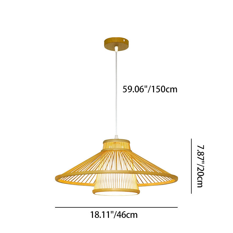 Traditional Japanese Conical Cylindrical Iron Bamboo Weaving 1-Light Pendant Light For Dining Room