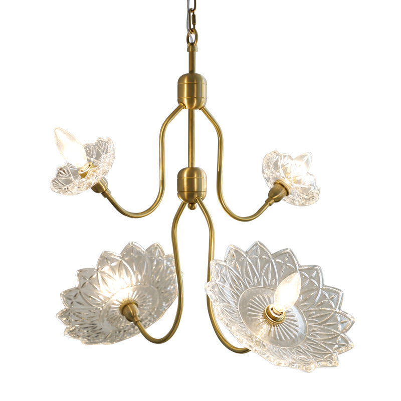Traditional Vintage Floral Brass Glass 4/6-Light Chandelier For Bedroom