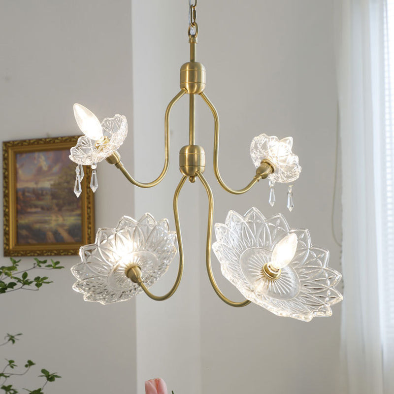 Traditional Vintage Floral Brass Glass 4/6-Light Chandelier For Bedroom