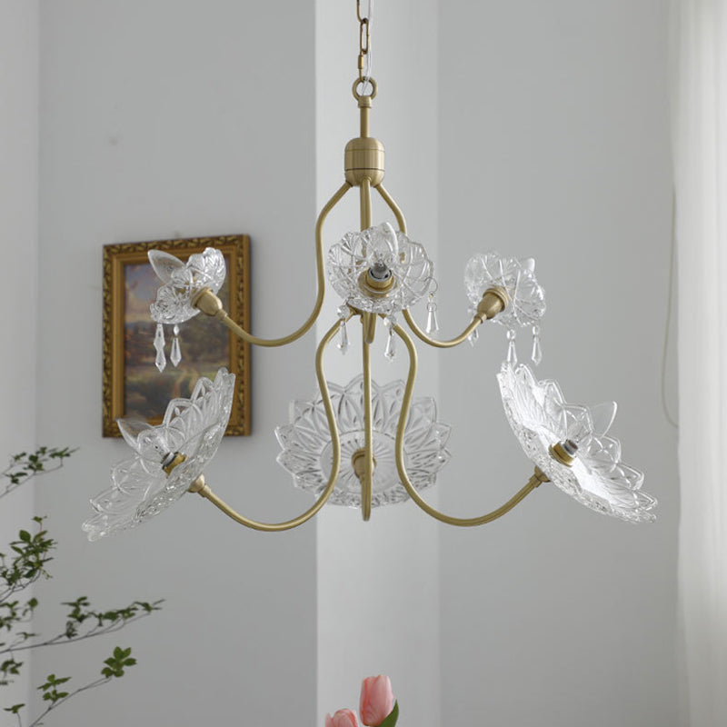 Traditional Vintage Floral Brass Glass 4/6-Light Chandelier For Bedroom