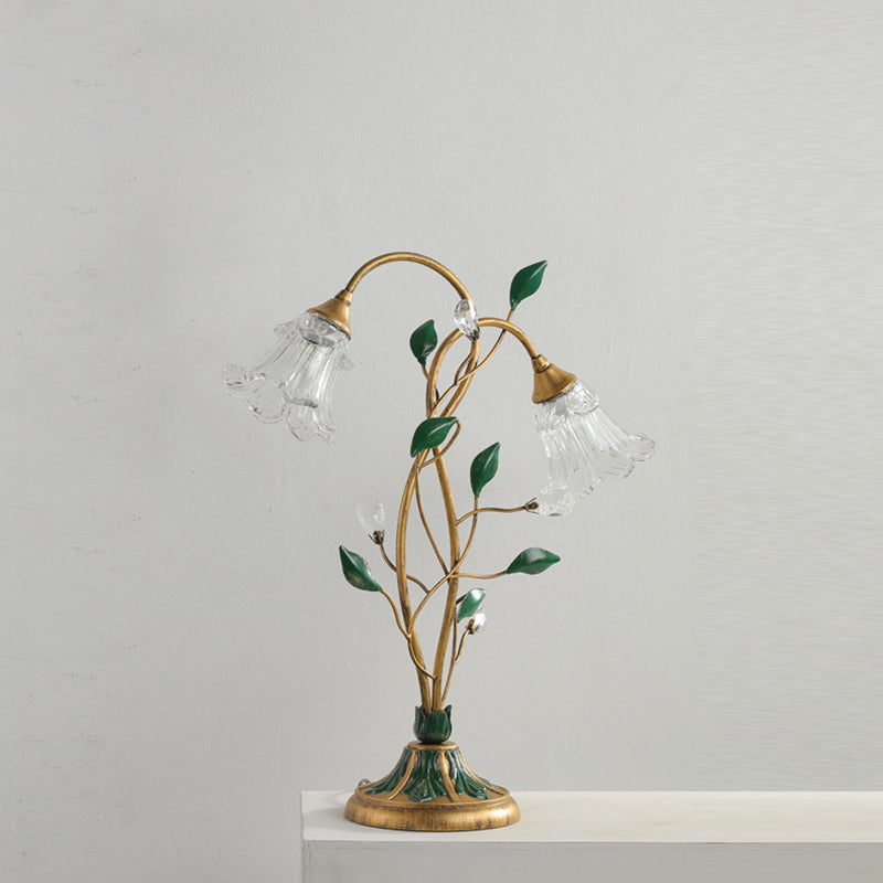 Traditional Vintage Double-Headed Flower Vine Iron Crystal Glass 2-Light Table Lamp For Bedroom