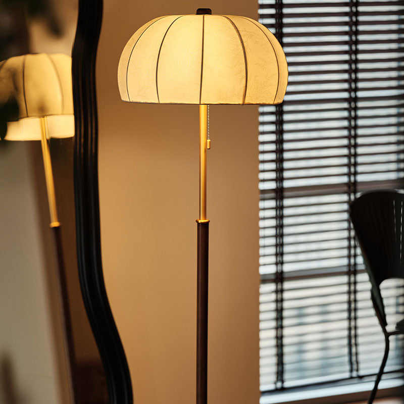 Traditional Vintage Jellyfish-Shaped Iron Ash Wood Fabric 3-Light Standing Floor Lamp For Bedroom
