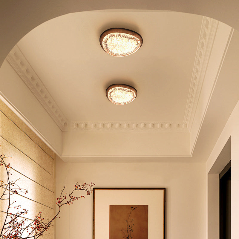 Traditional Vintage Irregular Round Walnut Resin LED Flush Mount Ceiling Light For Bedroom