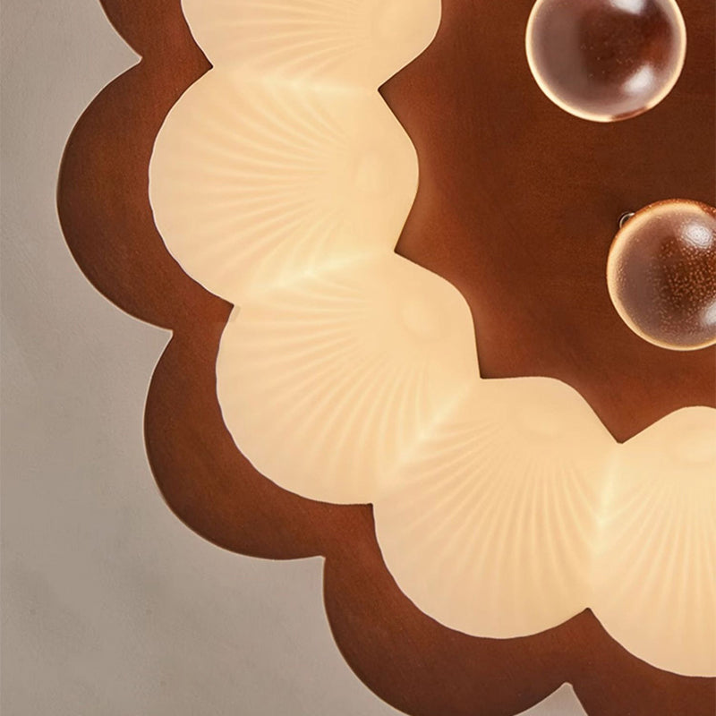 Traditional Vintage Flower Shape Ball Rubberwood Ash Wood Plastic LED Flush Mount Ceiling Light For Bedroom