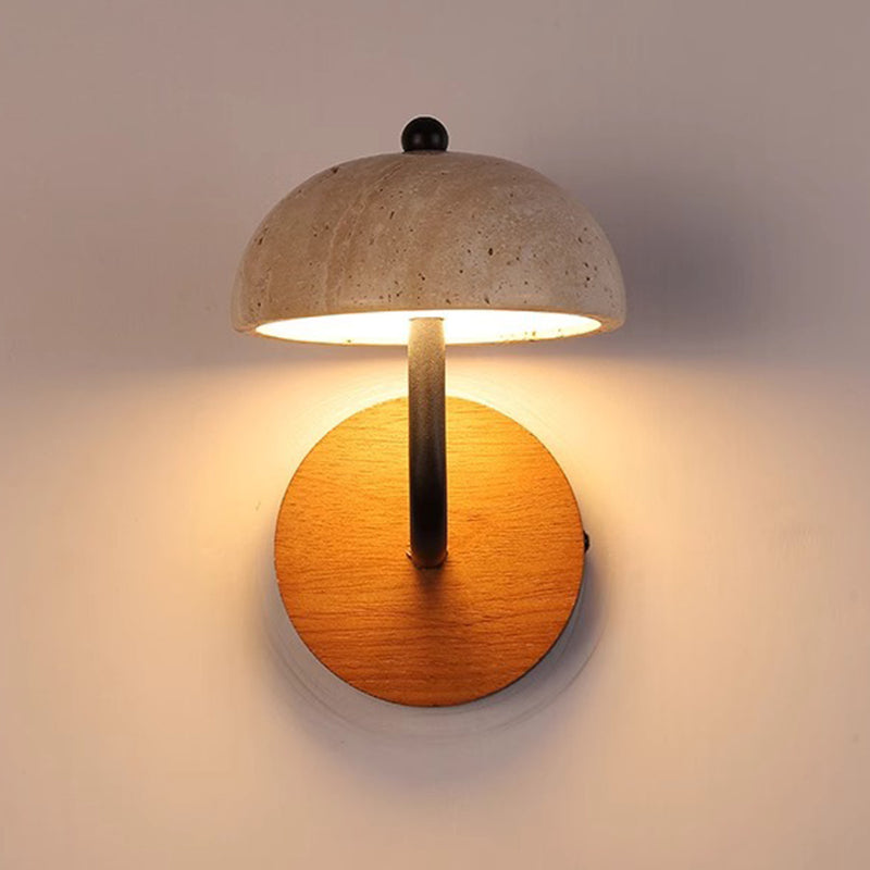Traditional Vintage Round Mushroom Metal Walnut Travertine LED Wall Sconce Lamp For Bedroom