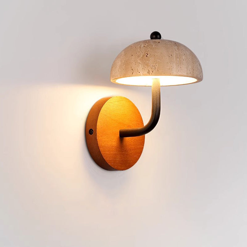 Traditional Vintage Round Mushroom Metal Walnut Travertine LED Wall Sconce Lamp For Bedroom