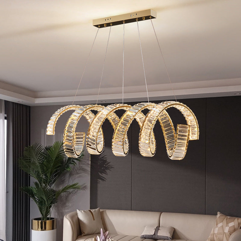 ثريات LED دائرية فاخرة تقليدية على شكل زنبرك من الفولاذ المقاوم للصدأ والحديد وإضاءة جزيرة لغرفة الطعام