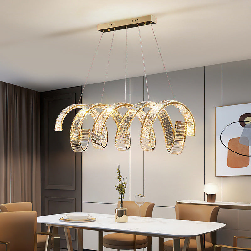 ثريات LED دائرية فاخرة تقليدية على شكل زنبرك من الفولاذ المقاوم للصدأ والحديد وإضاءة جزيرة لغرفة الطعام