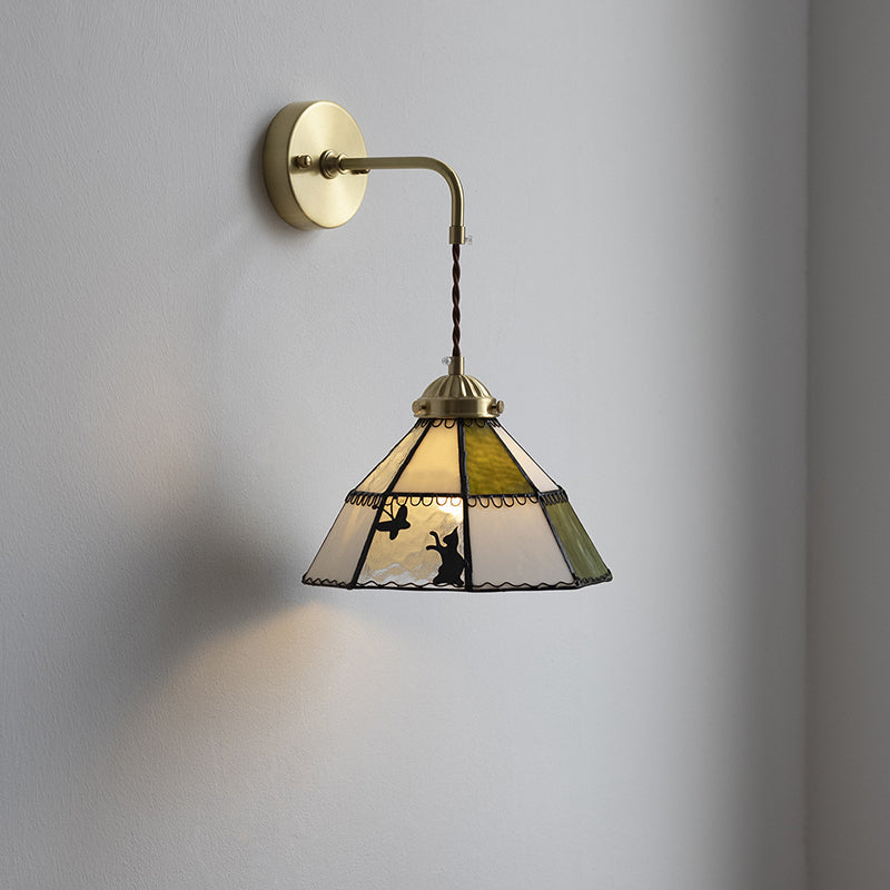 Traditional Tiffany Round Cat Pattern Brass Glass 1-Light Wall Sconce Lamp For Bedroom