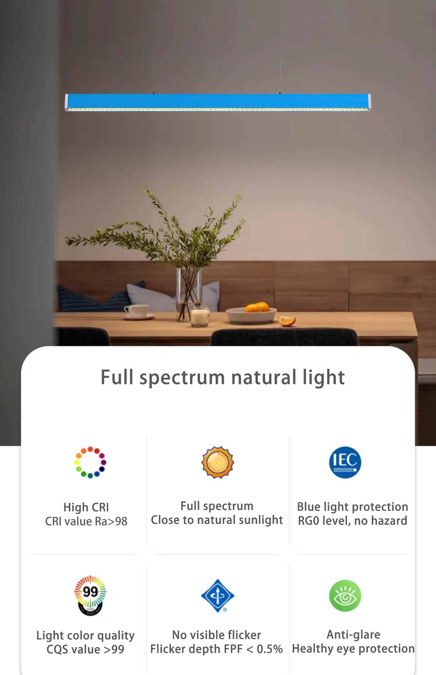 Full Spectrum LED Linear Pendant Light For Living Room - Anti-Glare Eye-Care Dimmable With Remote