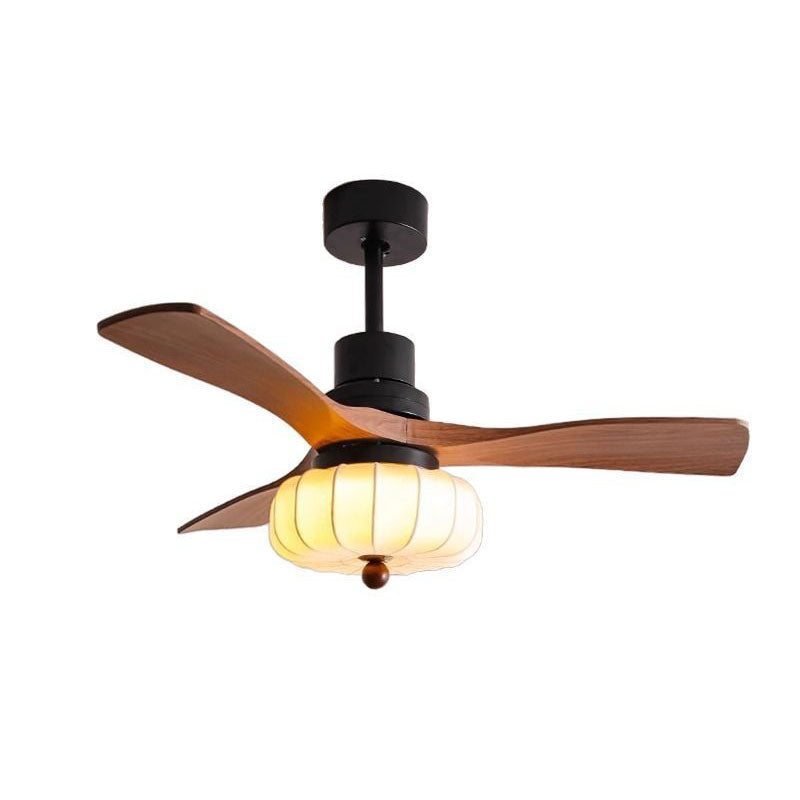 Traditional Vintage Round Iron Copper Fabric Solid Wood LED Downrods Ceiling Fan Light For Bedroom