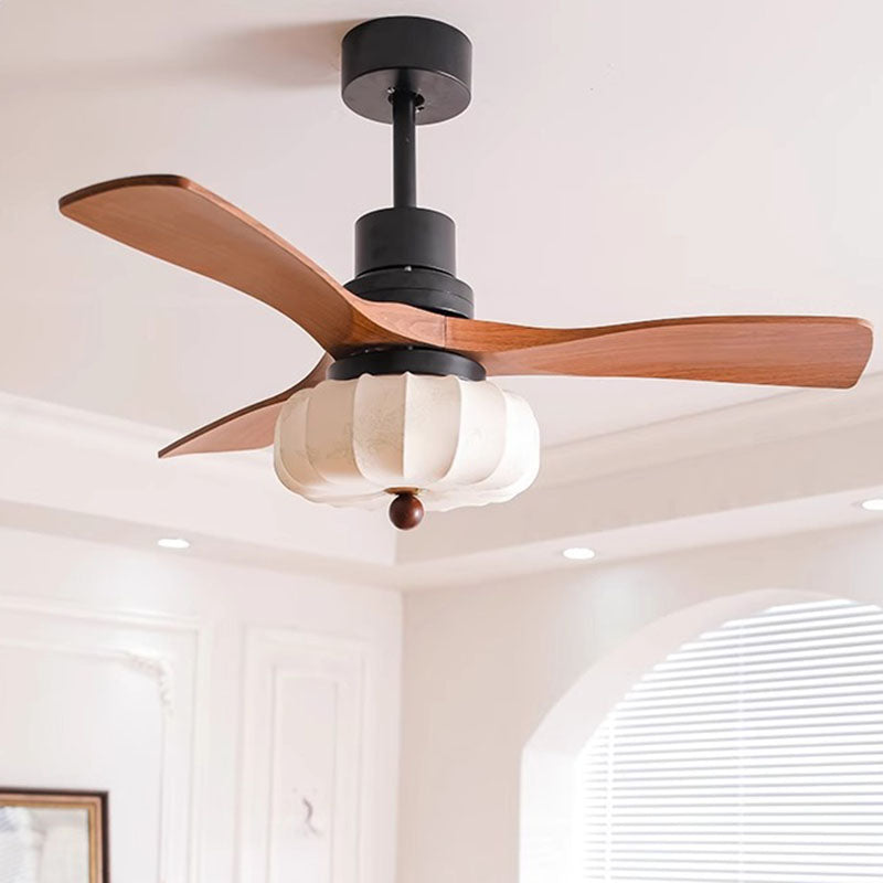 Traditional Vintage Round Iron Copper Fabric Solid Wood LED Downrods Ceiling Fan Light For Bedroom
