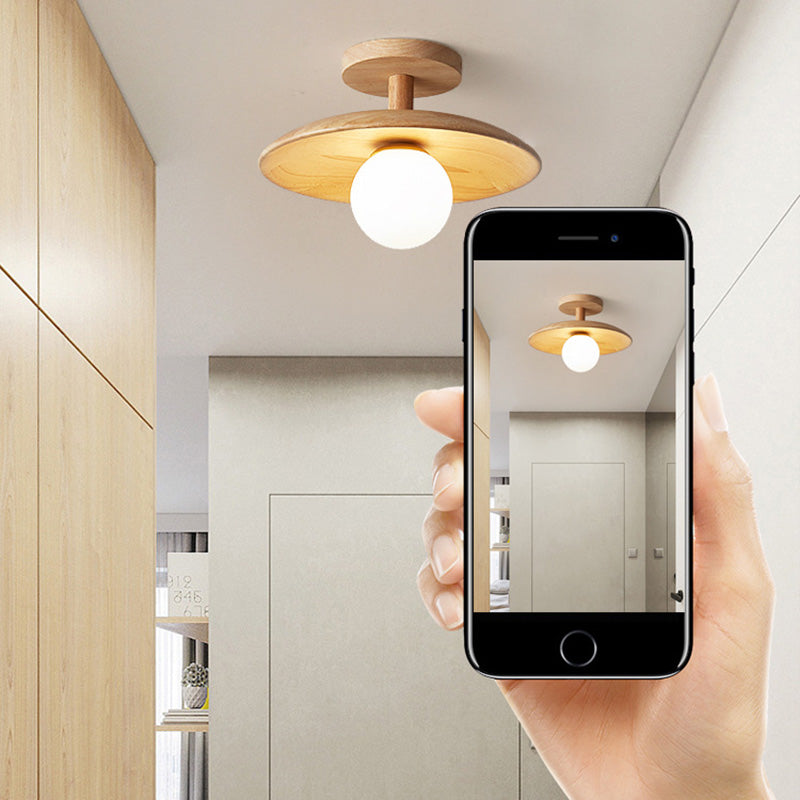Modern Minimalist Wooden Round 1-Light Semi-Flush Mount Ceiling Light For Living Room