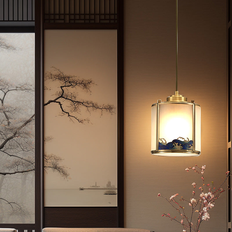 مصباح معلق دائري من الزجاج المنحوت بالنحاس الصيني التقليدي لغرفة المعيشة