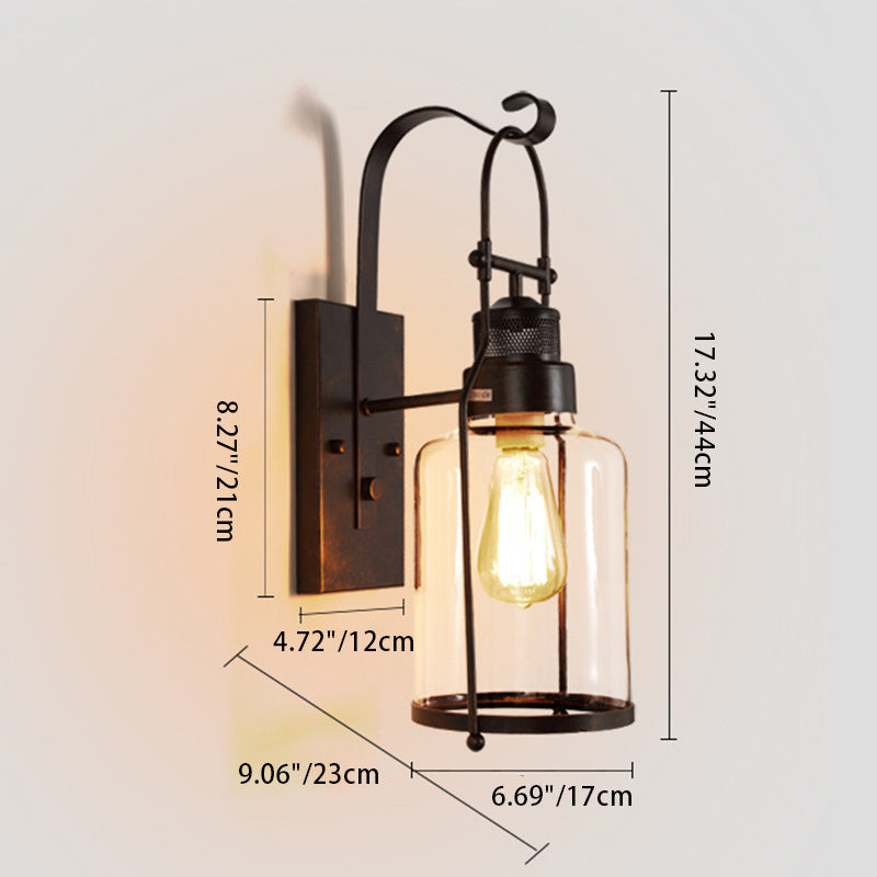 Traditional Colonial Kettle Shape Iron Glass 1-Light Wall Sconce Lamp For Living Room