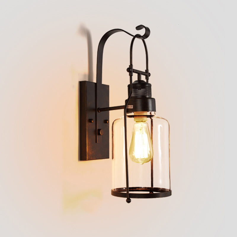 Traditional Colonial Kettle Shape Iron Glass 1-Light Wall Sconce Lamp For Living Room