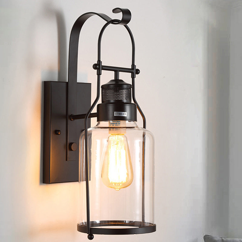 Traditional Colonial Kettle Shape Iron Glass 1-Light Wall Sconce Lamp For Living Room