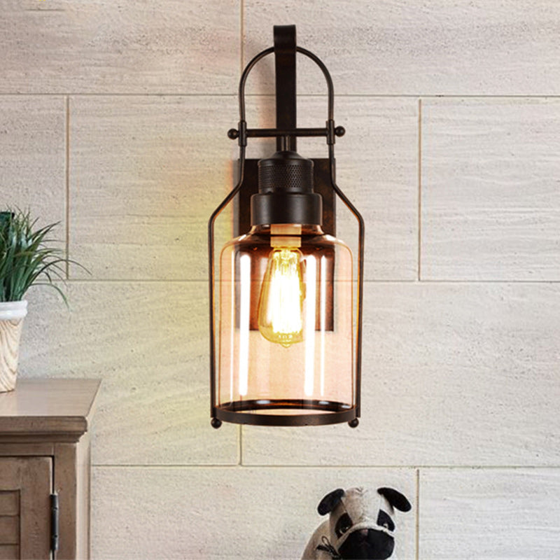 Traditional Colonial Kettle Shape Iron Glass 1-Light Wall Sconce Lamp For Living Room
