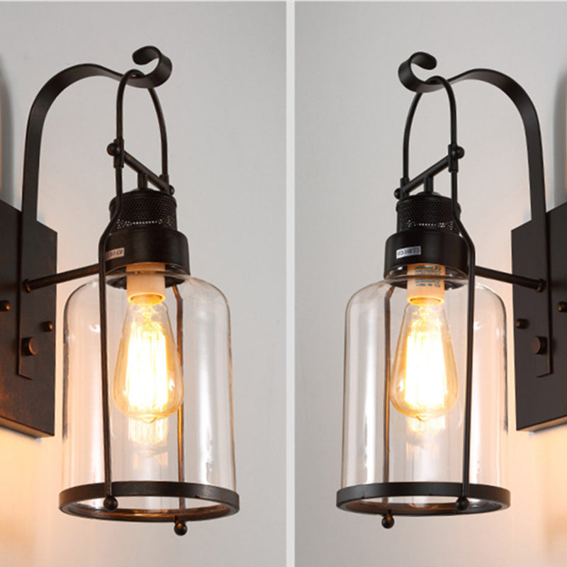 Traditional Colonial Kettle Shape Iron Glass 1-Light Wall Sconce Lamp For Living Room