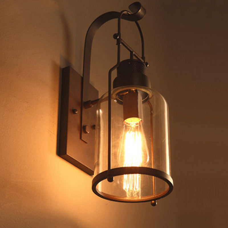 Traditional Colonial Kettle Shape Iron Glass 1-Light Wall Sconce Lamp For Living Room