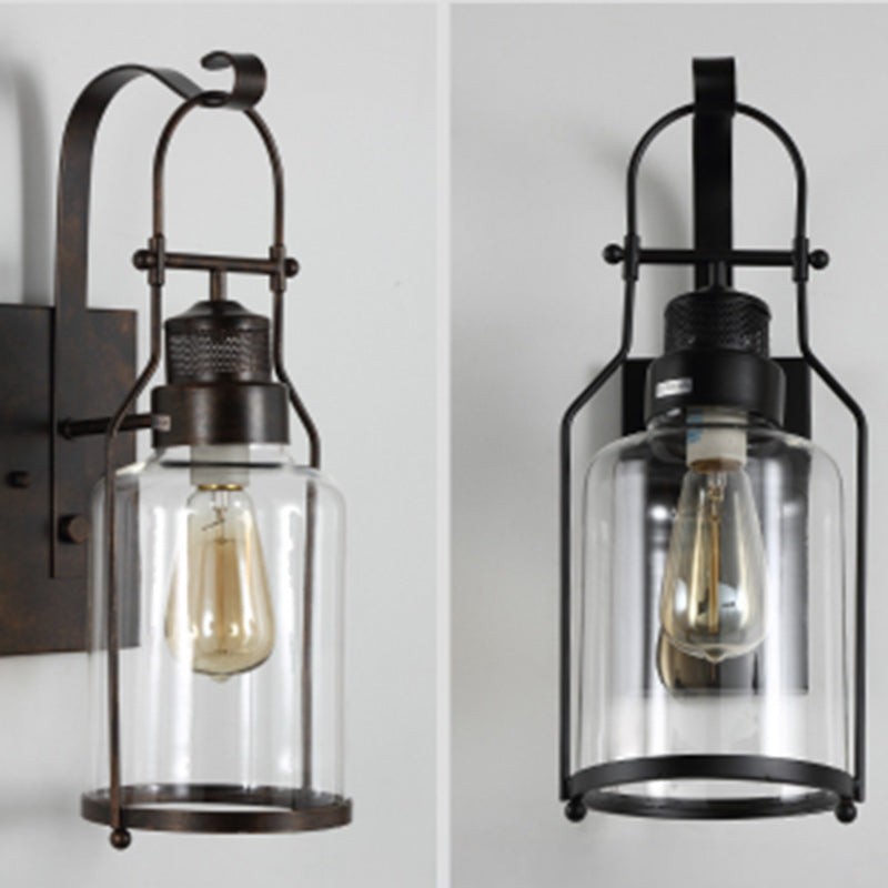 Traditional Colonial Kettle Shape Iron Glass 1-Light Wall Sconce Lamp For Living Room