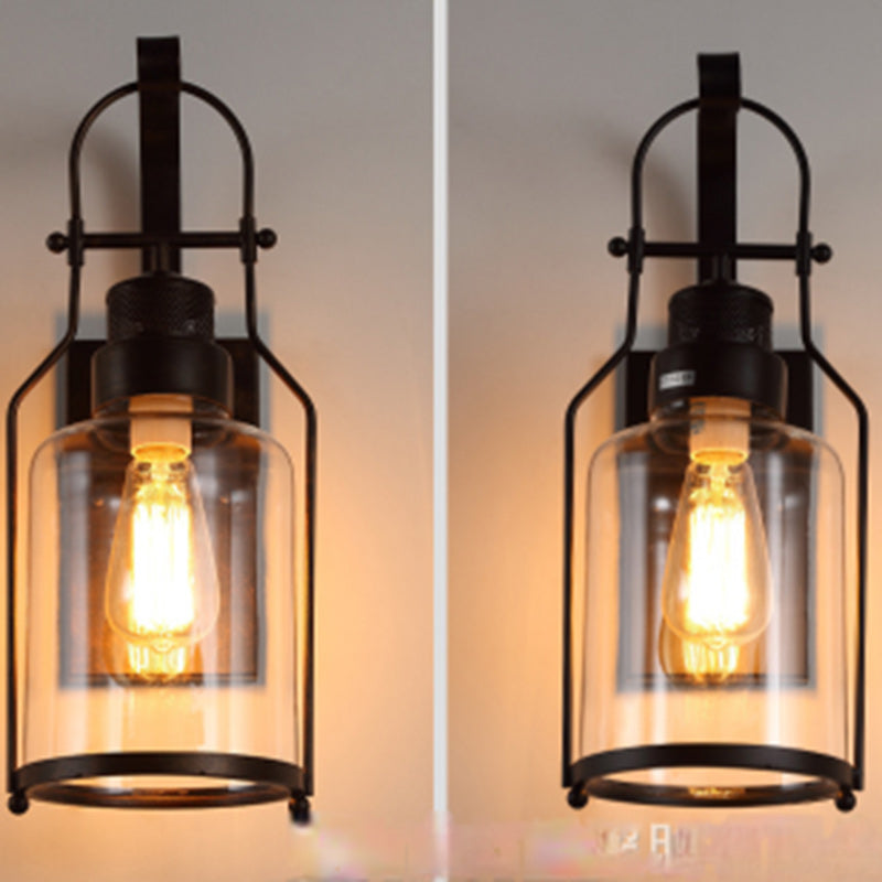 Traditional Colonial Kettle Shape Iron Glass 1-Light Wall Sconce Lamp For Living Room
