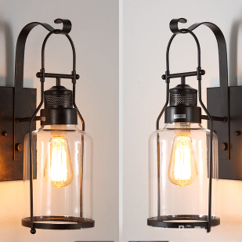 Traditional Colonial Kettle Shape Iron Glass 1-Light Wall Sconce Lamp For Living Room
