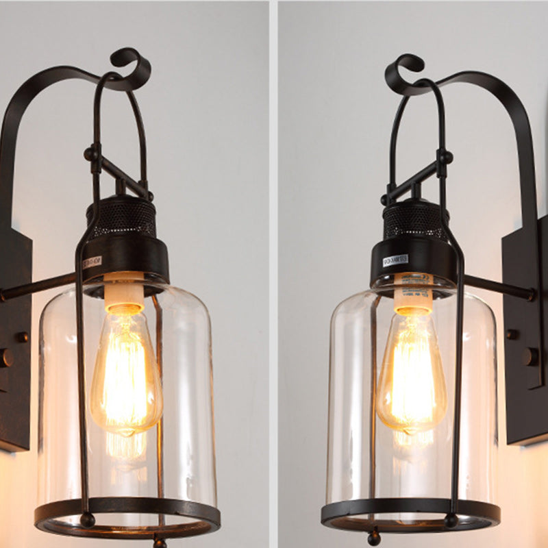 Traditional Colonial Kettle Shape Iron Glass 1-Light Wall Sconce Lamp For Living Room