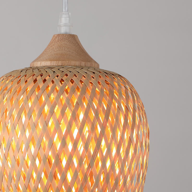 Contemporary Boho Bamboo Weaving Wood Lantern Shape 1/3- Light Pendant Light For Dining Room