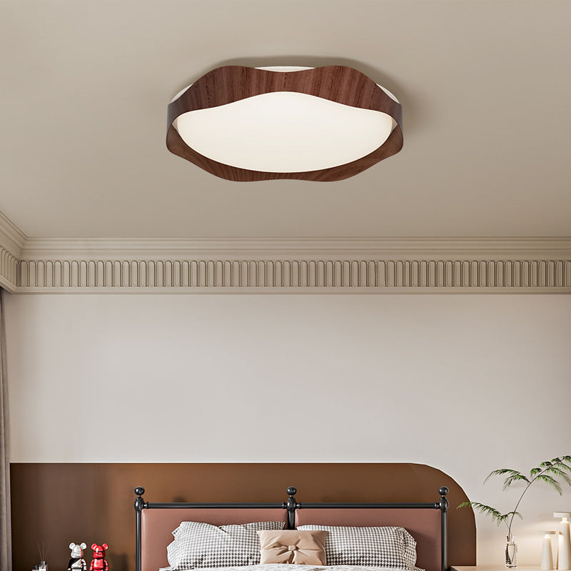 Contemporary Nordic Round Roto-molding Iron Wood Lampshade LED Flush Mount Ceiling Light For Bedroom